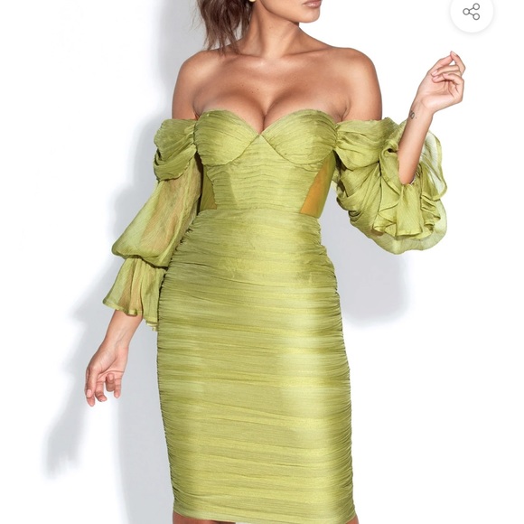 Silk Pleated Off Shoulder Balloon Sleeves Dress brand new Small - Picture 4 of 10